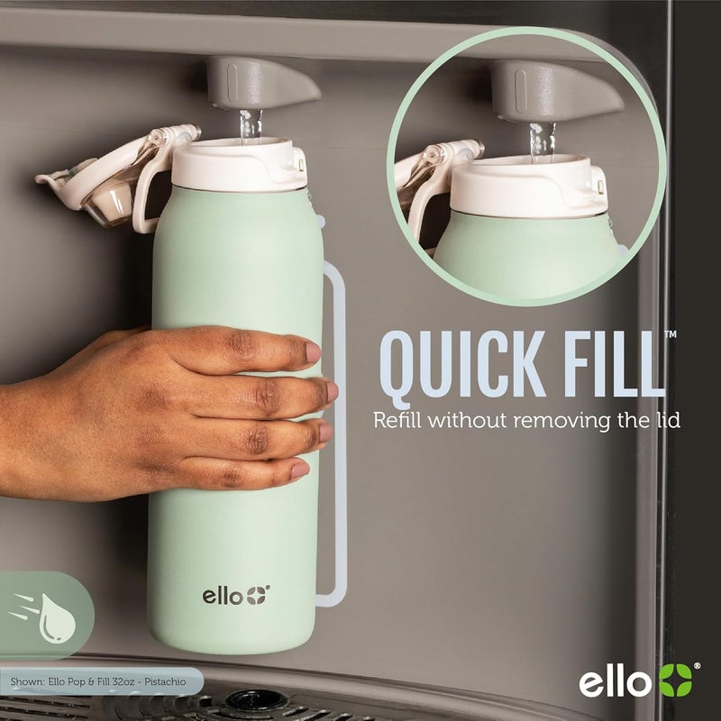 Ello Pop & Fill Stainless Steel Water Bottle with Quick Fill Technology, Double Walled Vacuum Insulated Metal, Leak Proof Locking Lid, Sip & Chug, BPA Free, Holiday Gift for Him Her, 22oz, 32oz, 40oz - Image 1